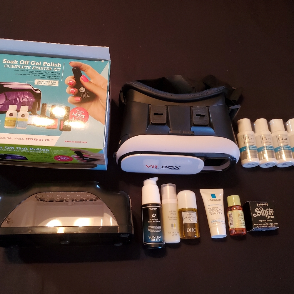 BEAUTY BOX FEATURING FACIAL PRODUCTS AND NAIL PRODUCT AND VR GLASSES